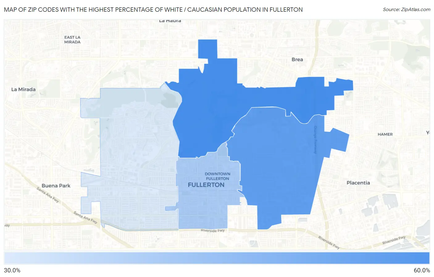 Zip Codes with the Highest Percentage of White / Caucasian Population in Fullerton Map