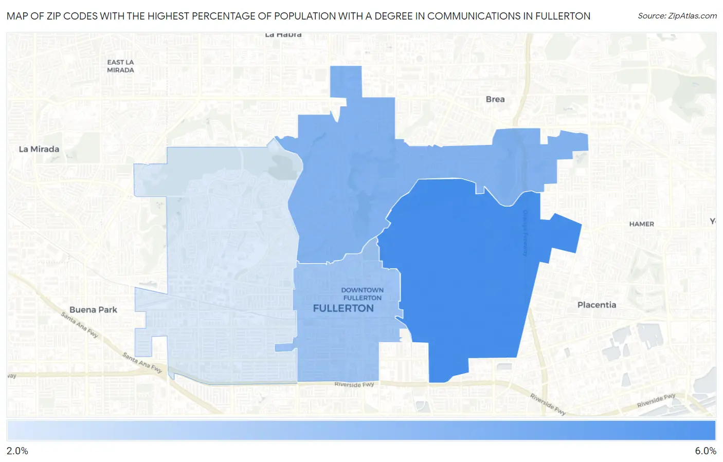 Zip Codes with the Highest Percentage of Population with a Degree in Communications in Fullerton Map