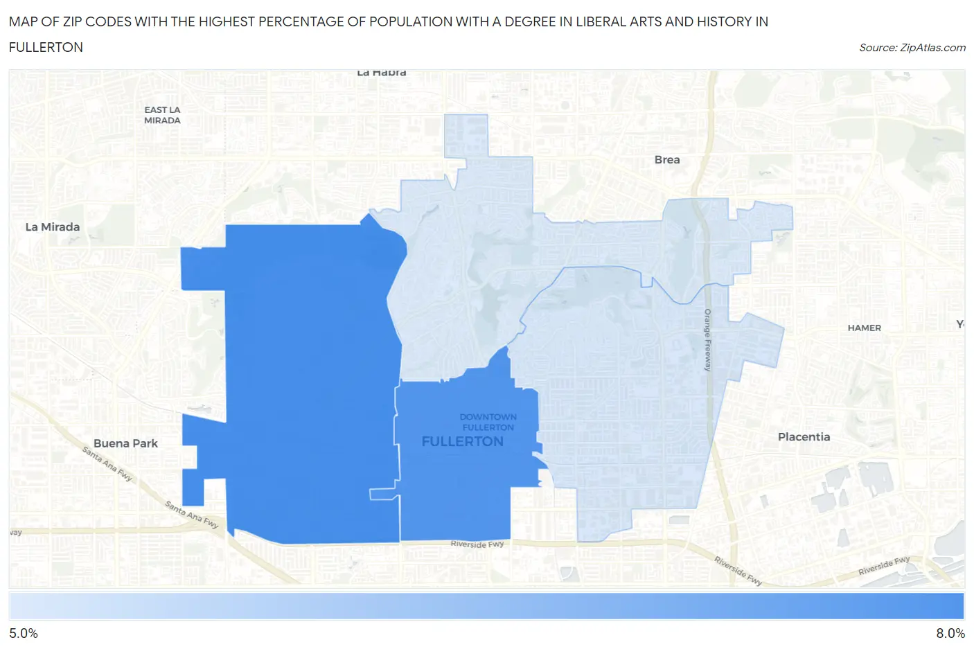 Zip Codes with the Highest Percentage of Population with a Degree in Liberal Arts and History in Fullerton Map