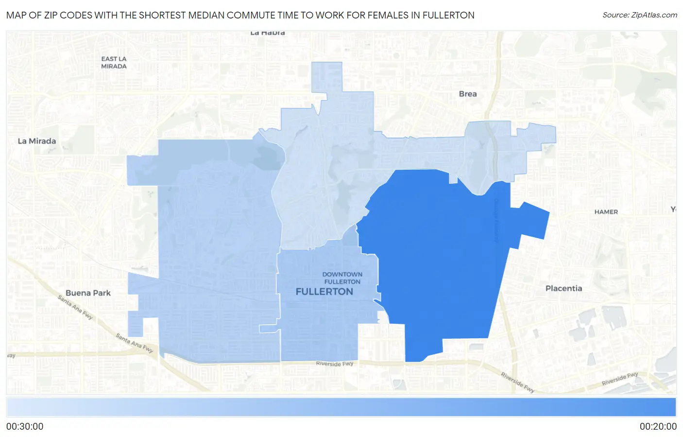 Zip Codes with the Shortest Median Commute Time to Work for Females in Fullerton Map