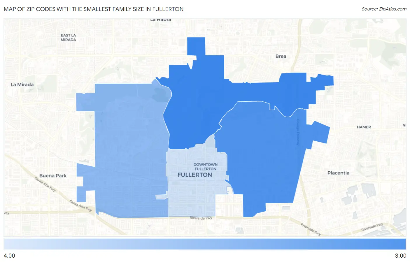 Zip Codes with the Smallest Family Size in Fullerton Map