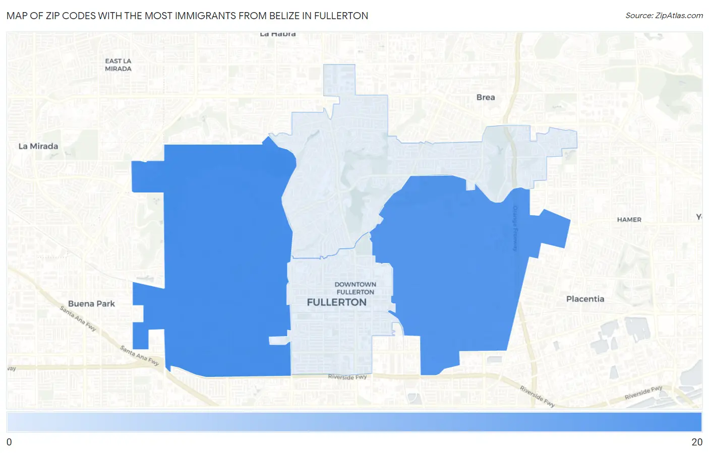 Zip Codes with the Most Immigrants from Belize in Fullerton Map