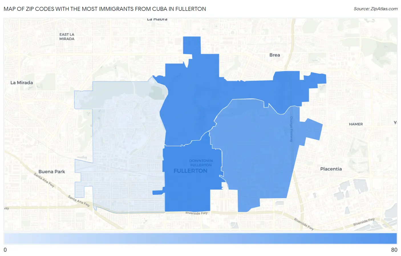Zip Codes with the Most Immigrants from Cuba in Fullerton Map