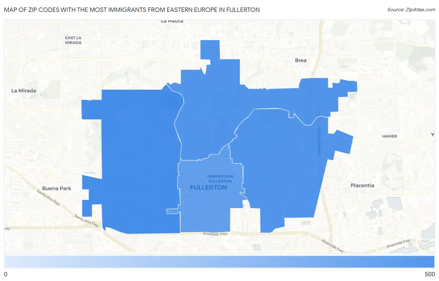 Zip Codes with the Most Immigrants from Eastern Europe in Fullerton Map