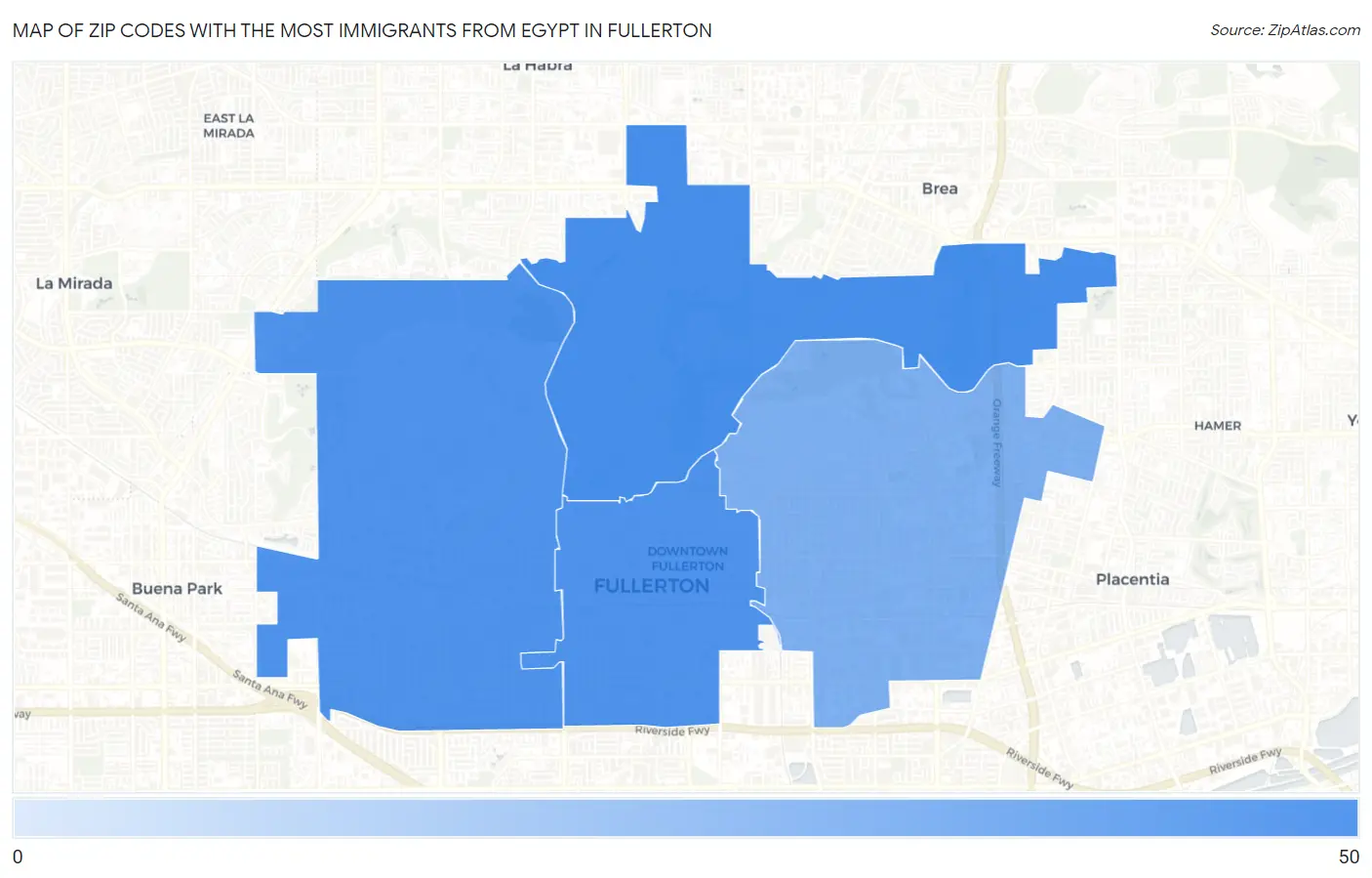 Zip Codes with the Most Immigrants from Egypt in Fullerton Map
