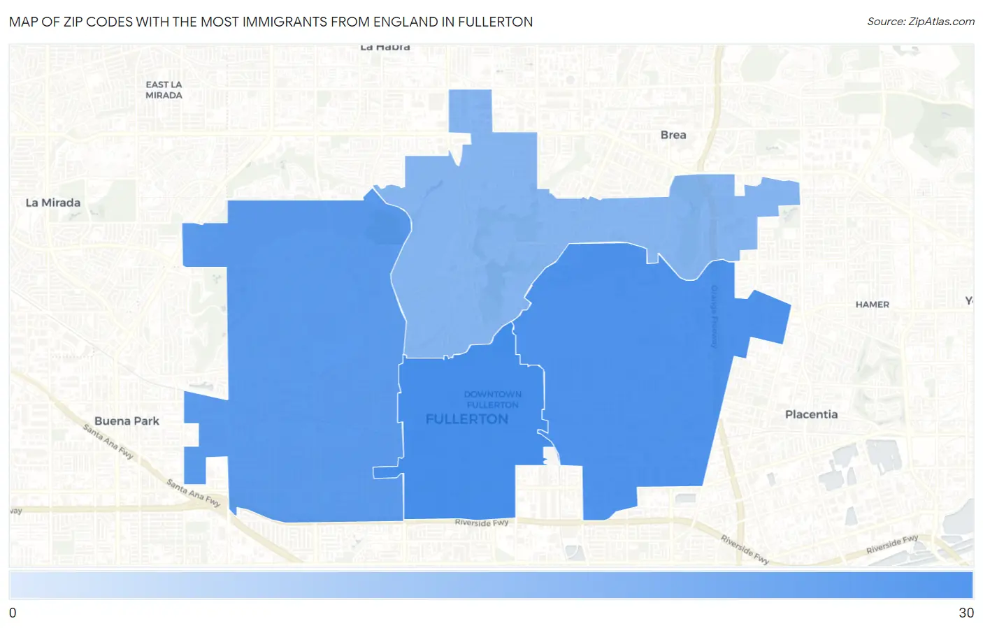 Zip Codes with the Most Immigrants from England in Fullerton Map