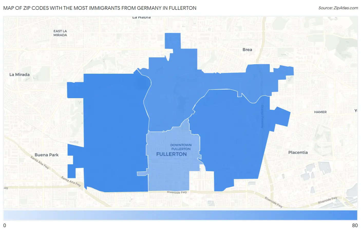 Zip Codes with the Most Immigrants from Germany in Fullerton Map