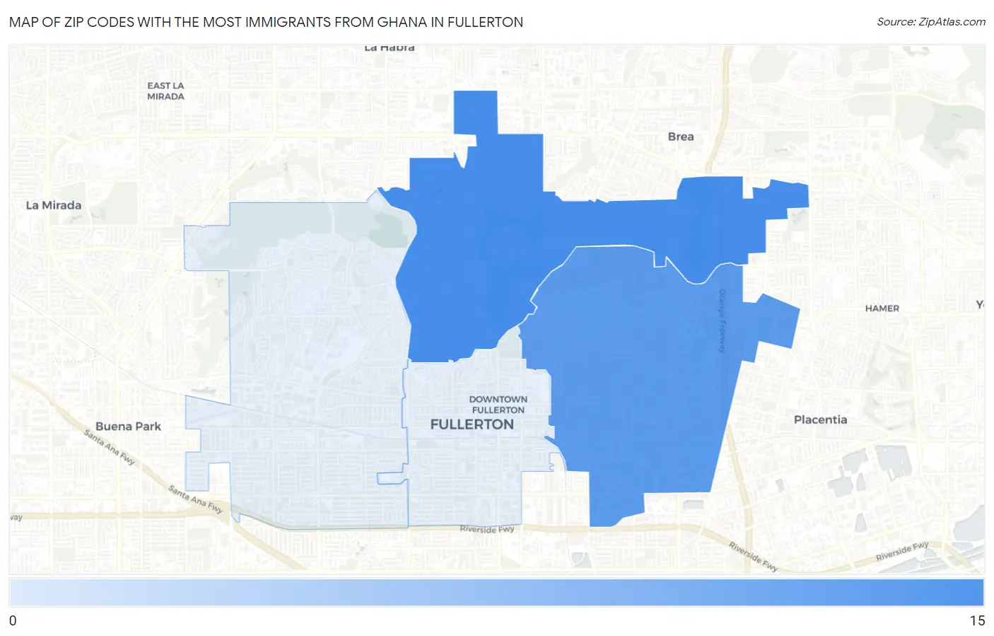 Zip Codes with the Most Immigrants from Ghana in Fullerton Map