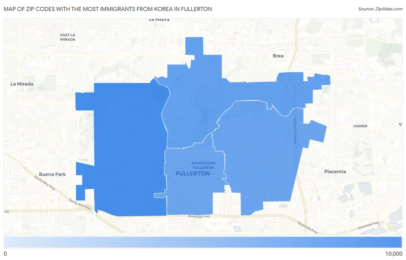 Zip Codes with the Most Immigrants from Korea in Fullerton Map