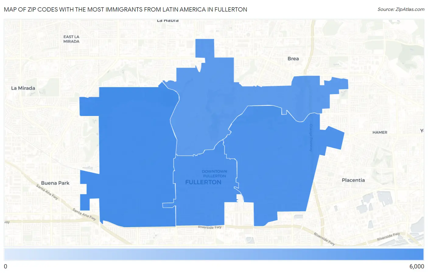 Zip Codes with the Most Immigrants from Latin America in Fullerton Map