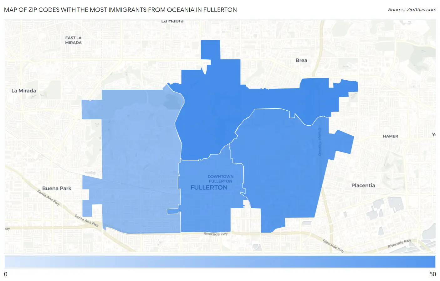 Zip Codes with the Most Immigrants from Oceania in Fullerton Map