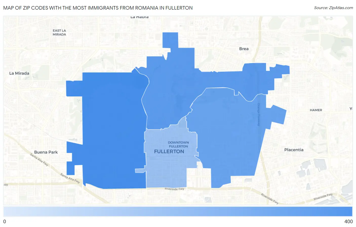 Zip Codes with the Most Immigrants from Romania in Fullerton Map