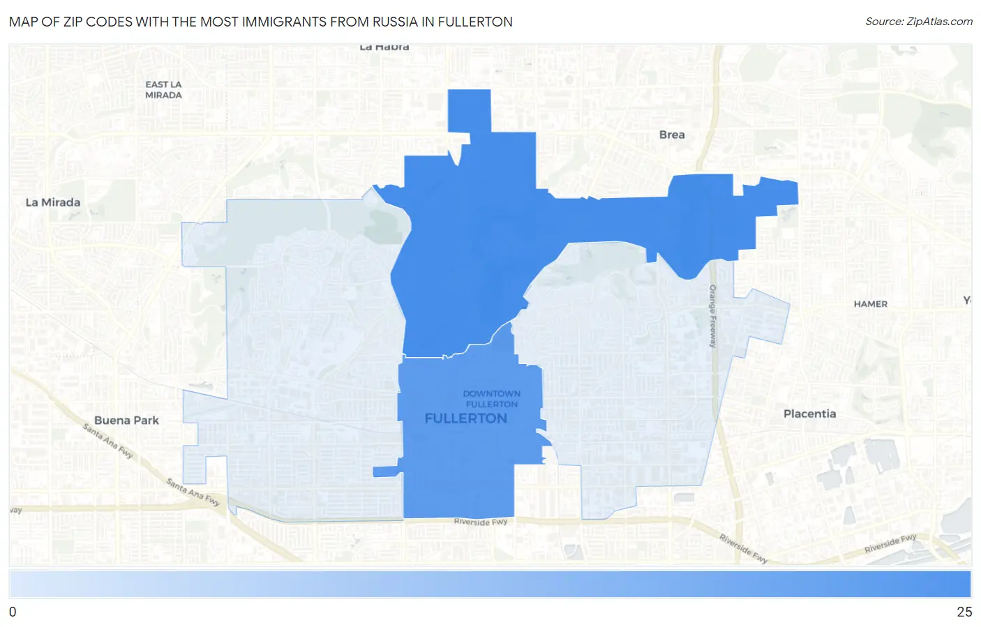 Zip Codes with the Most Immigrants from Russia in Fullerton Map