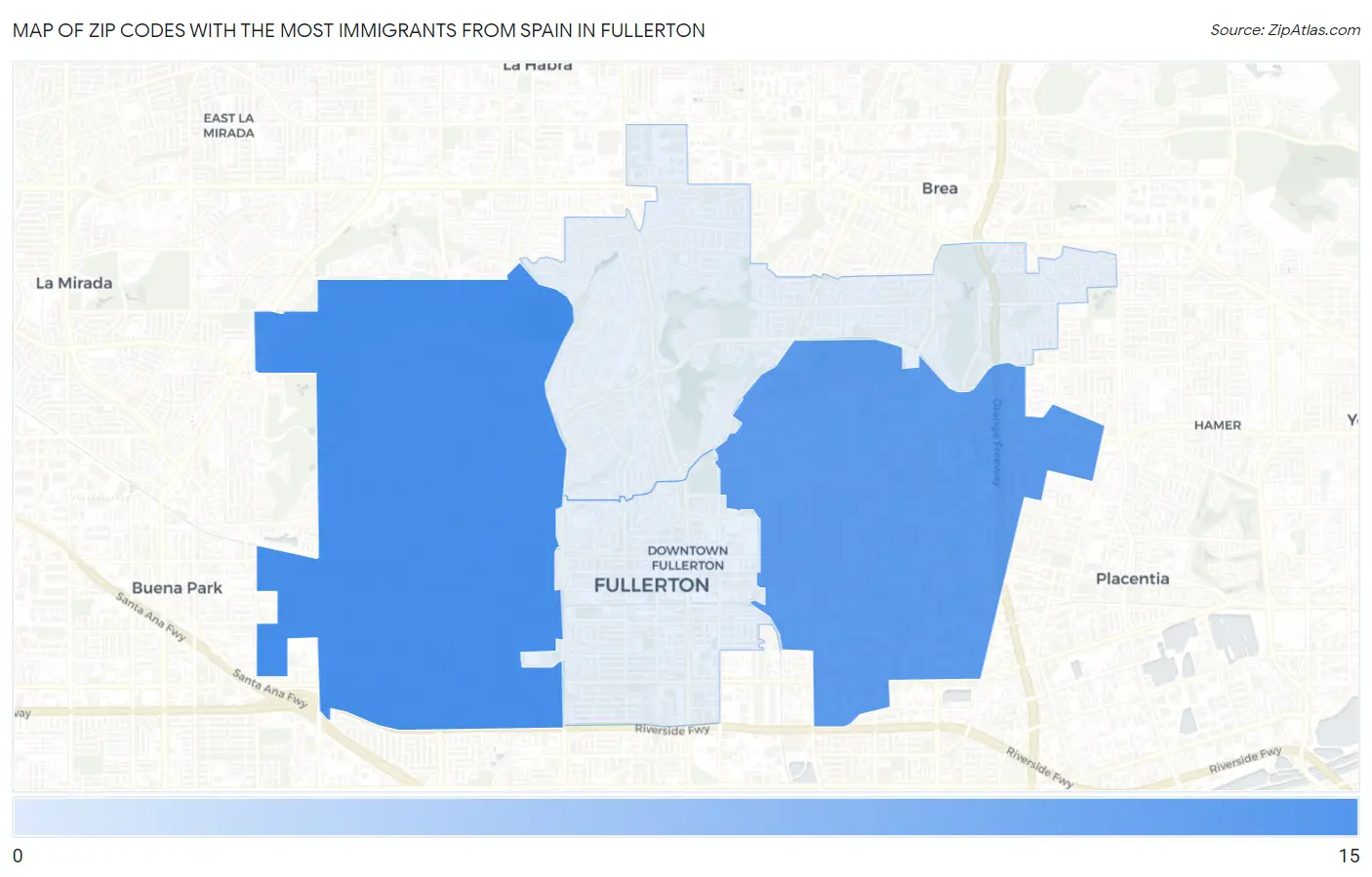 Zip Codes with the Most Immigrants from Spain in Fullerton Map