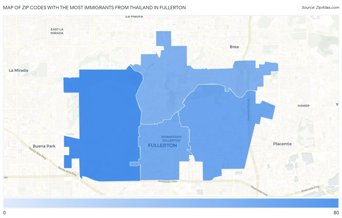 Zip Codes with the Most Immigrants from Thailand in Fullerton Map