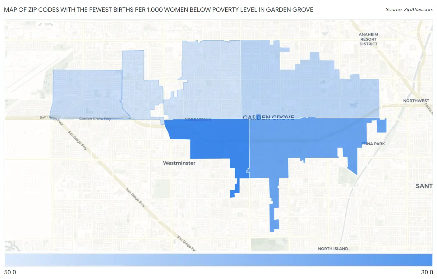 Zip Codes with the Fewest Births per 1,000 Women Below Poverty Level in Garden Grove Map
