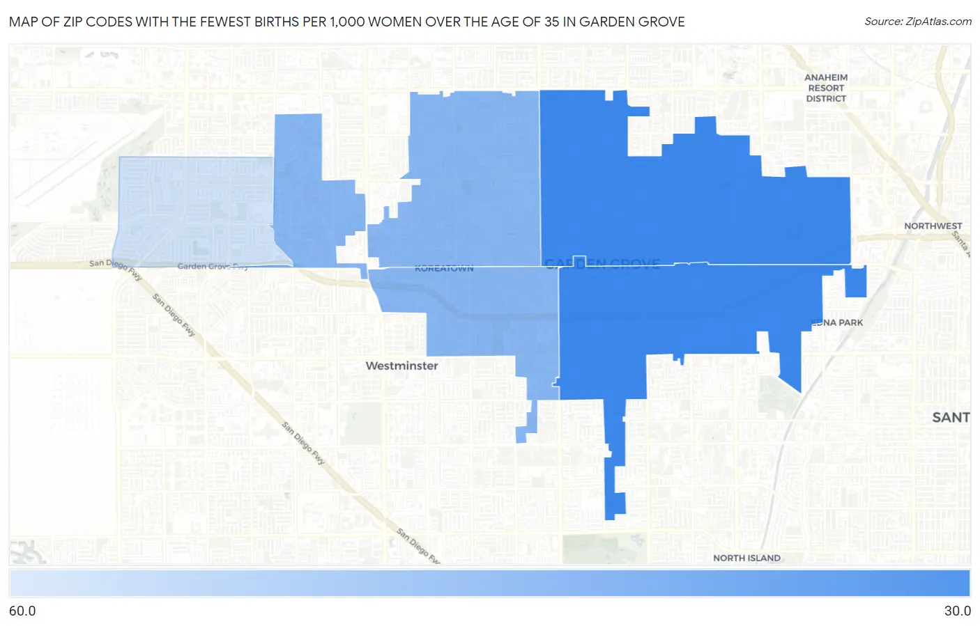 Zip Codes with the Fewest Births per 1,000 Women Over the Age of 35 in Garden Grove Map