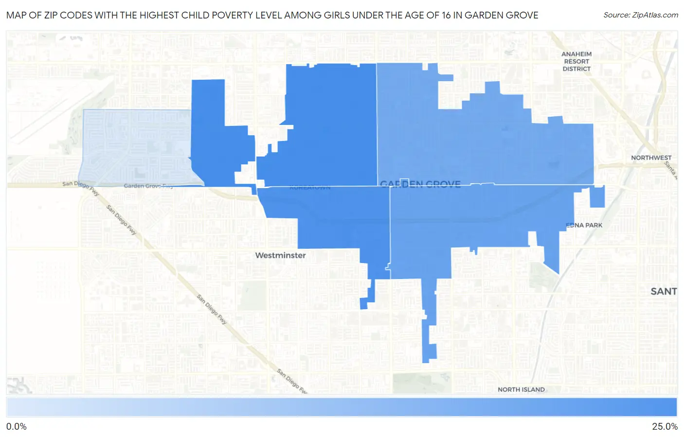 Zip Codes with the Highest Child Poverty Level Among Girls Under the Age of 16 in Garden Grove Map