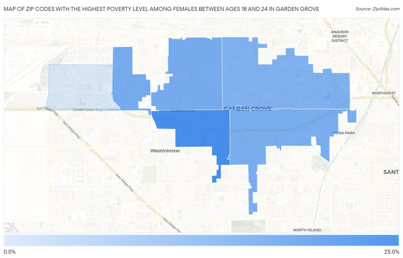 Zip Codes with the Highest Poverty Level Among Females Between Ages 18 and 24 in Garden Grove Map