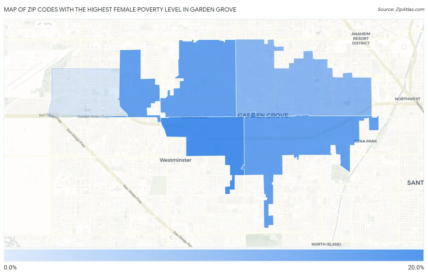Zip Codes with the Highest Female Poverty Level in Garden Grove Map