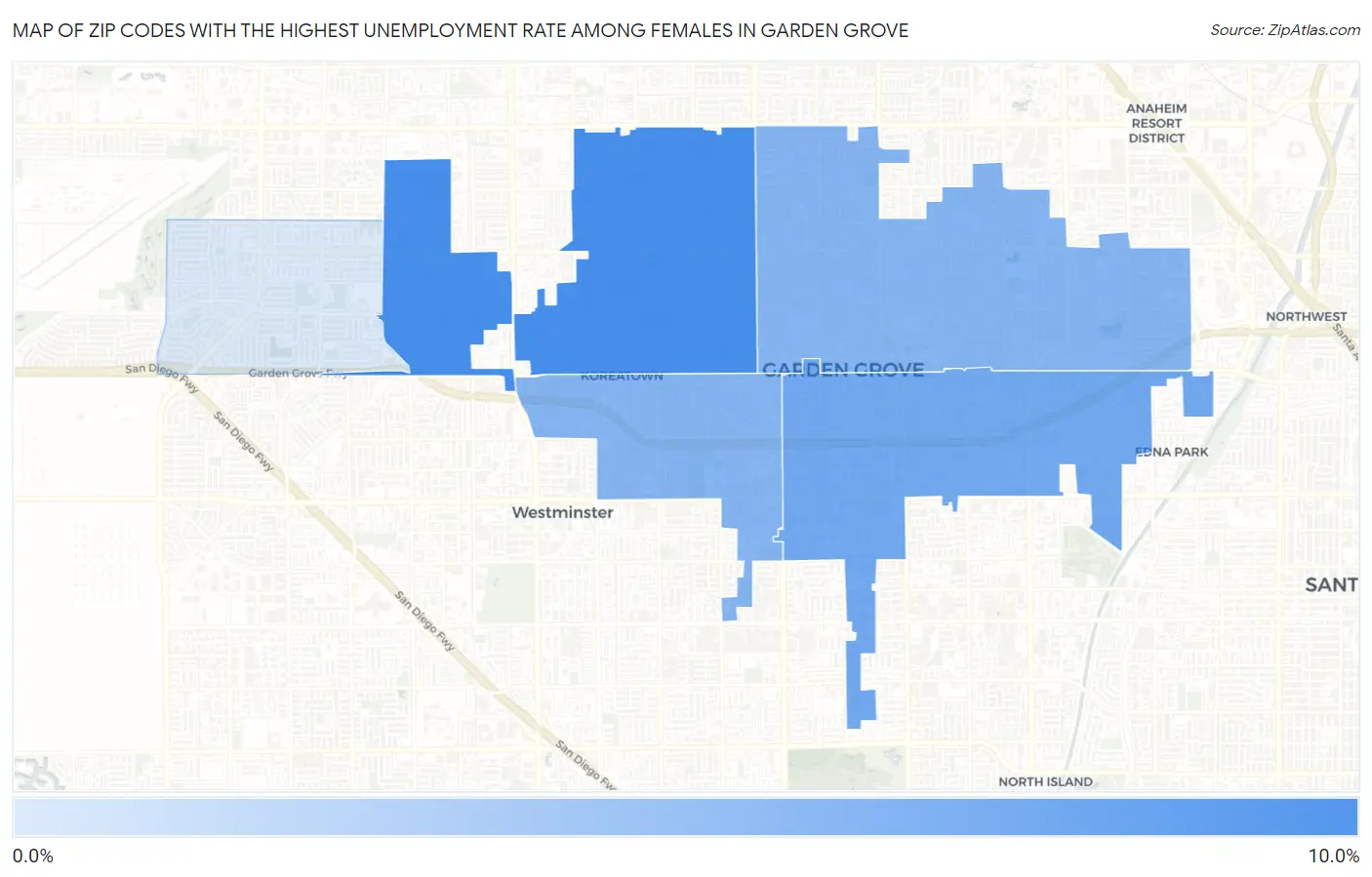 Zip Codes with the Highest Unemployment Rate Among Females in Garden Grove Map