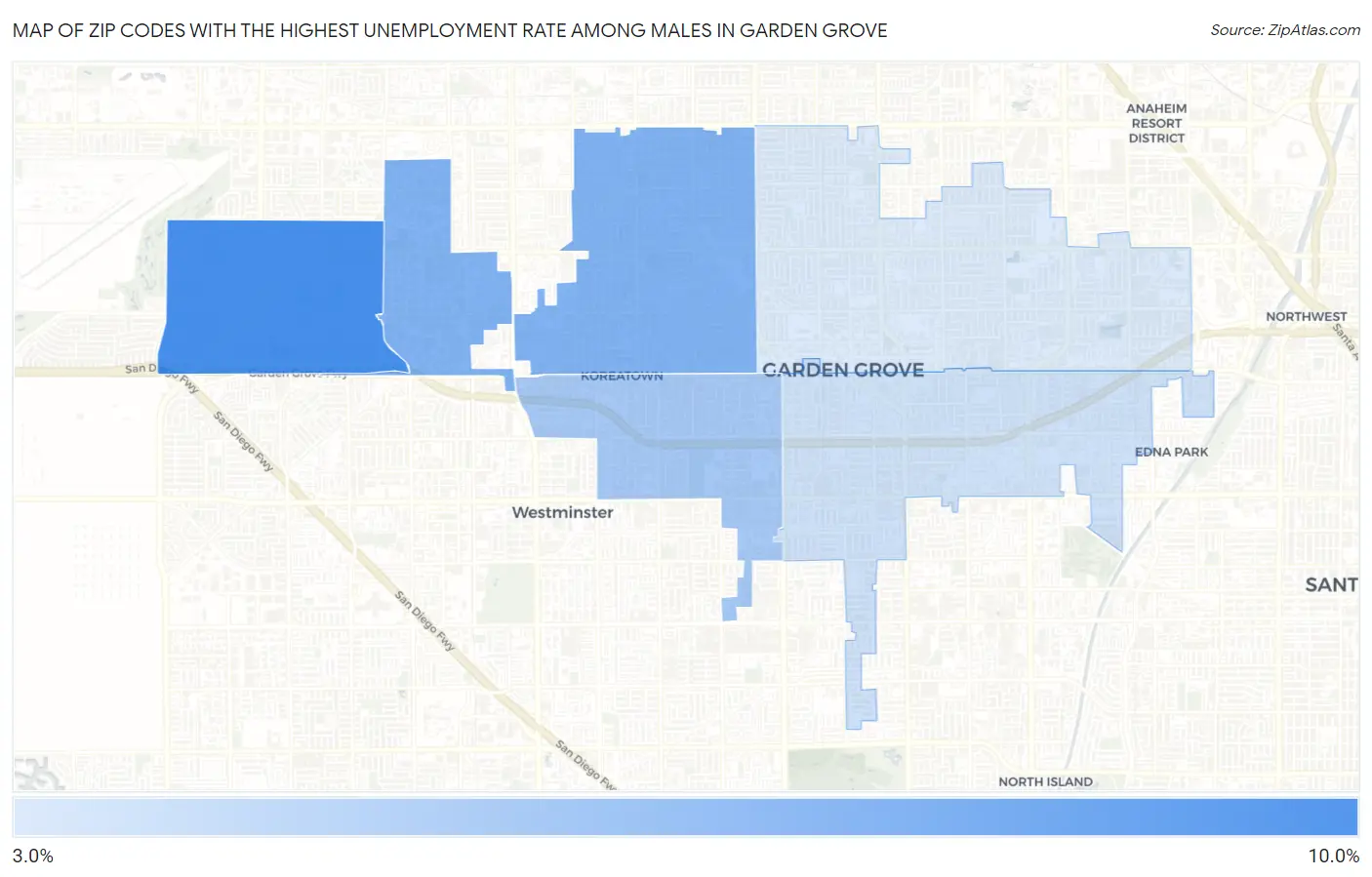 Zip Codes with the Highest Unemployment Rate Among Males in Garden Grove Map