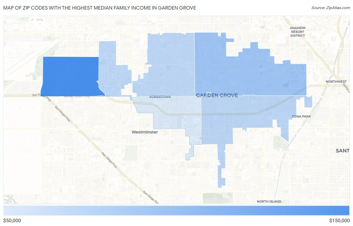 Zip Codes with the Highest Median Family Income in Garden Grove Map
