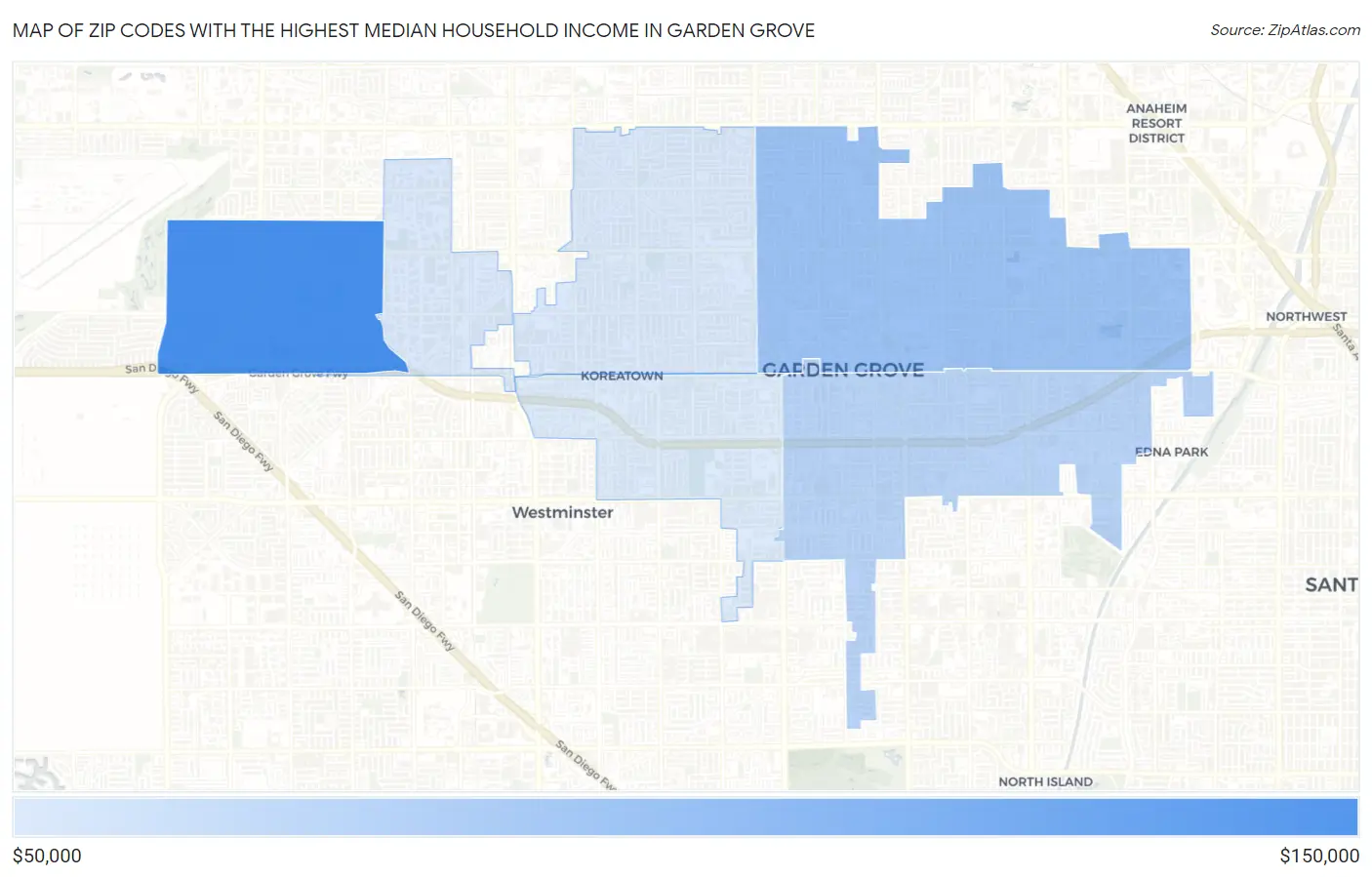 Zip Codes with the Highest Median Household Income in Garden Grove Map