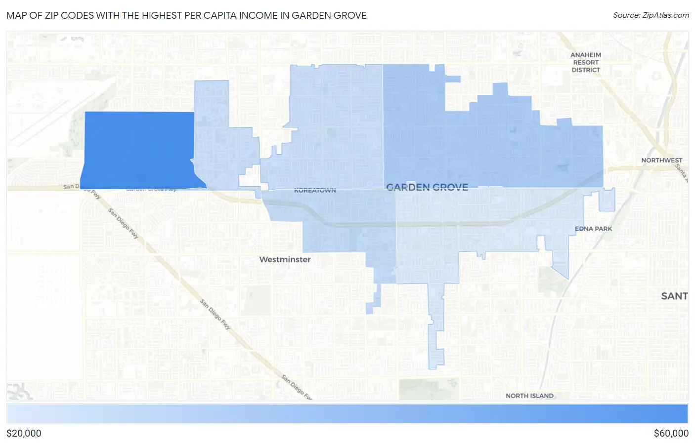 Zip Codes with the Highest Per Capita Income in Garden Grove Map
