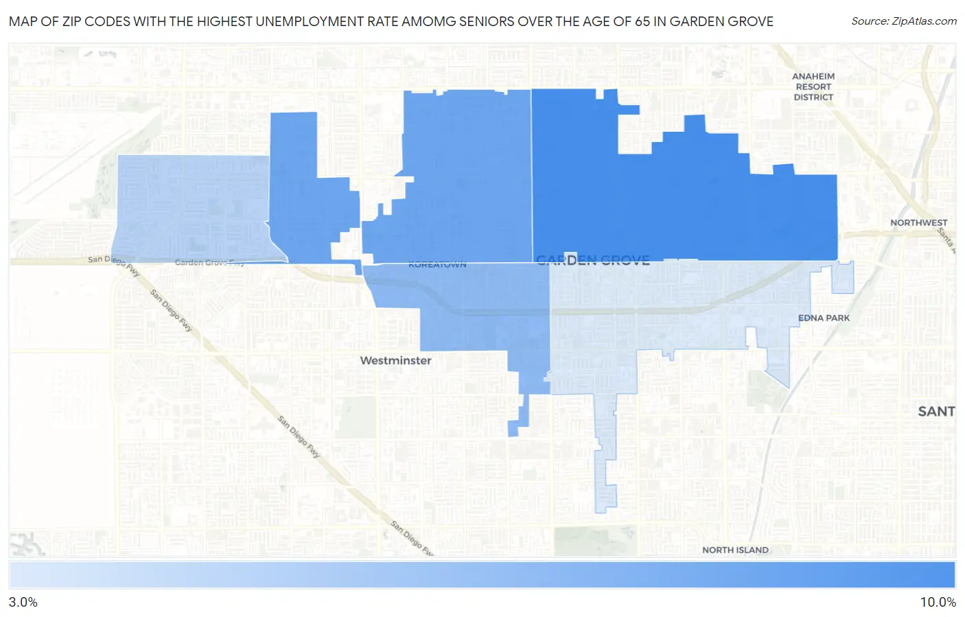 Zip Codes with the Highest Unemployment Rate Amomg Seniors Over the Age of 65 in Garden Grove Map