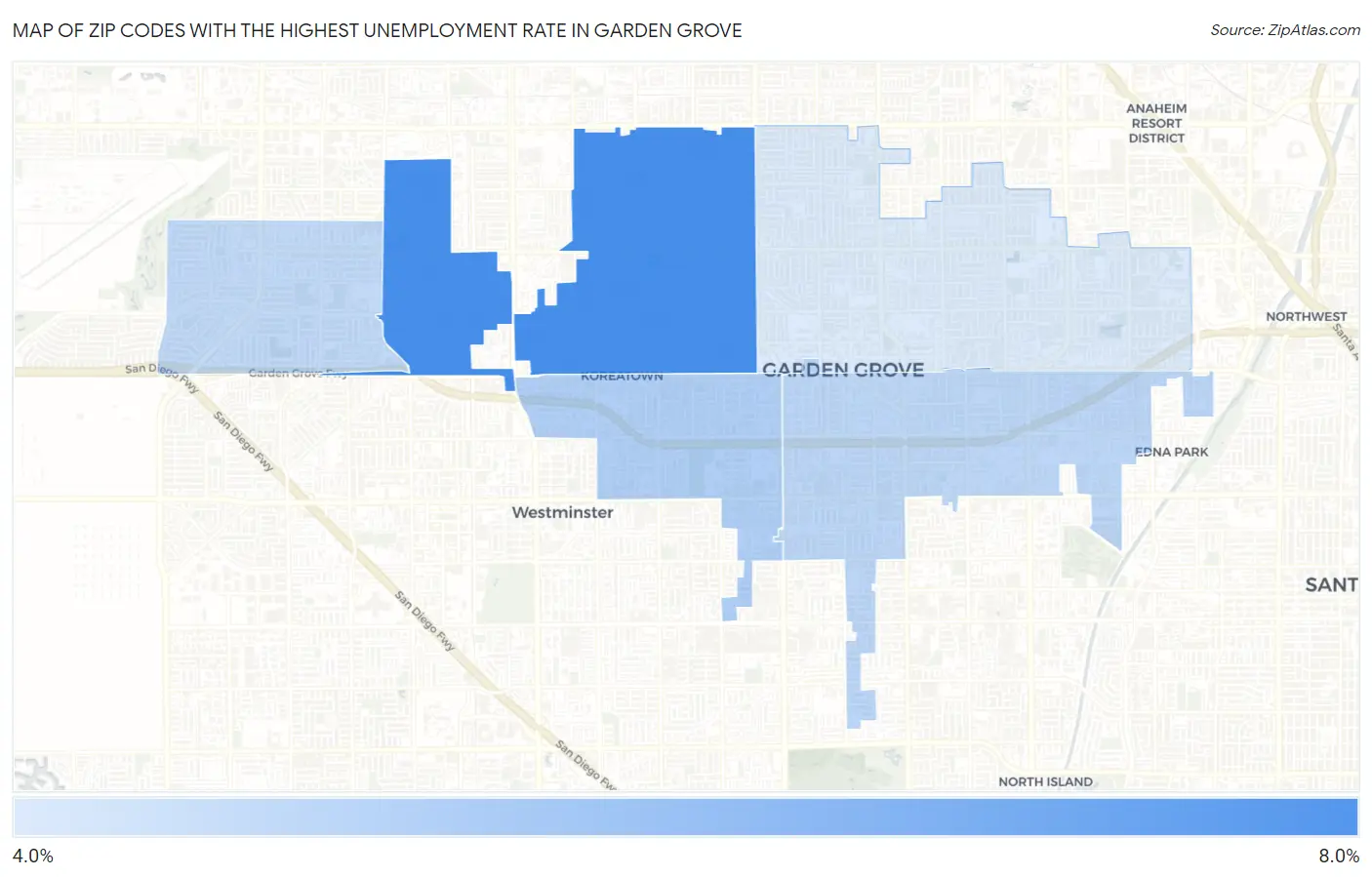 Zip Codes with the Highest Unemployment Rate in Garden Grove Map