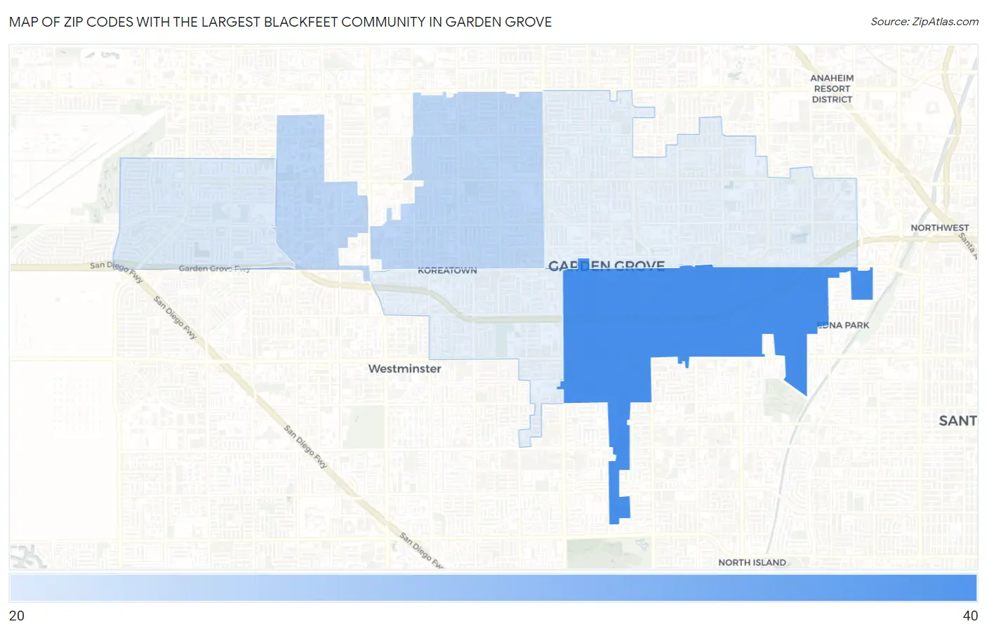 Zip Codes with the Largest Blackfeet Community in Garden Grove Map