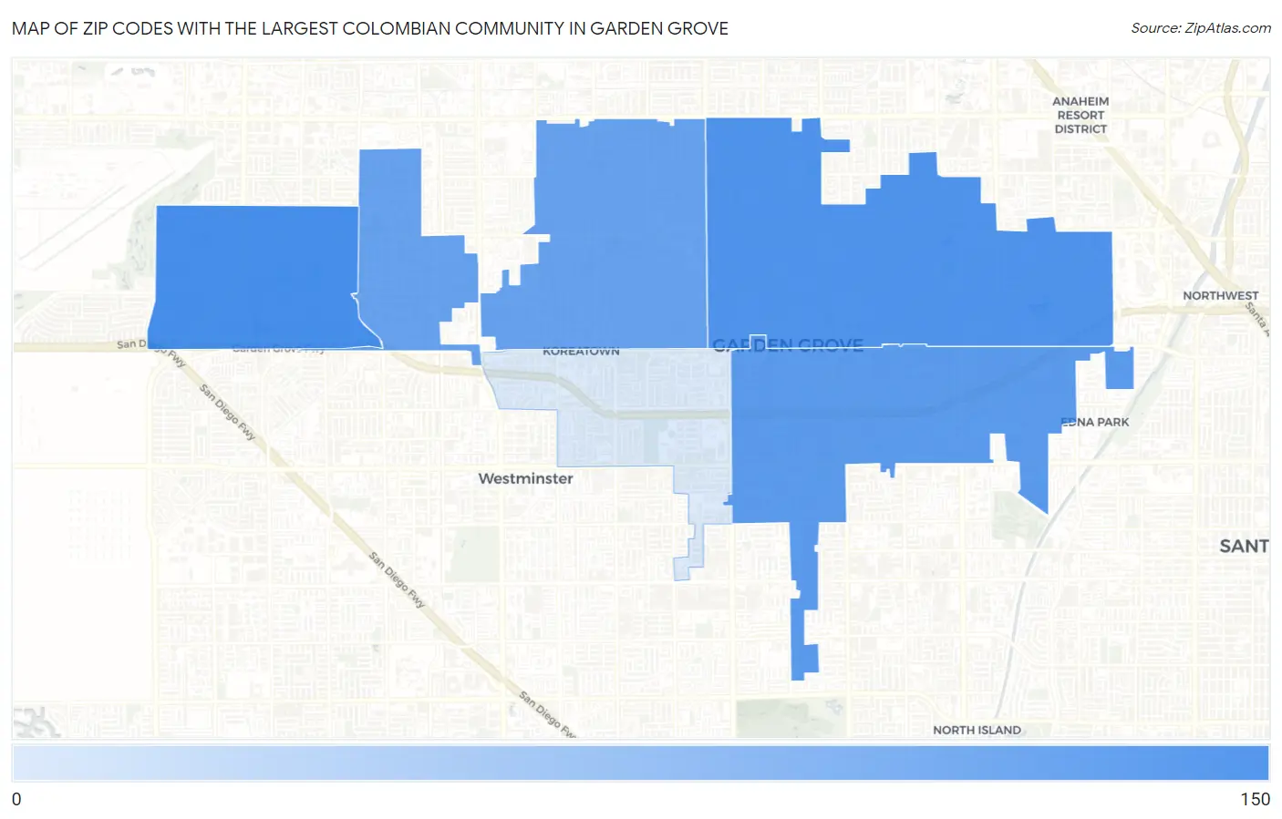 Zip Codes with the Largest Colombian Community in Garden Grove Map
