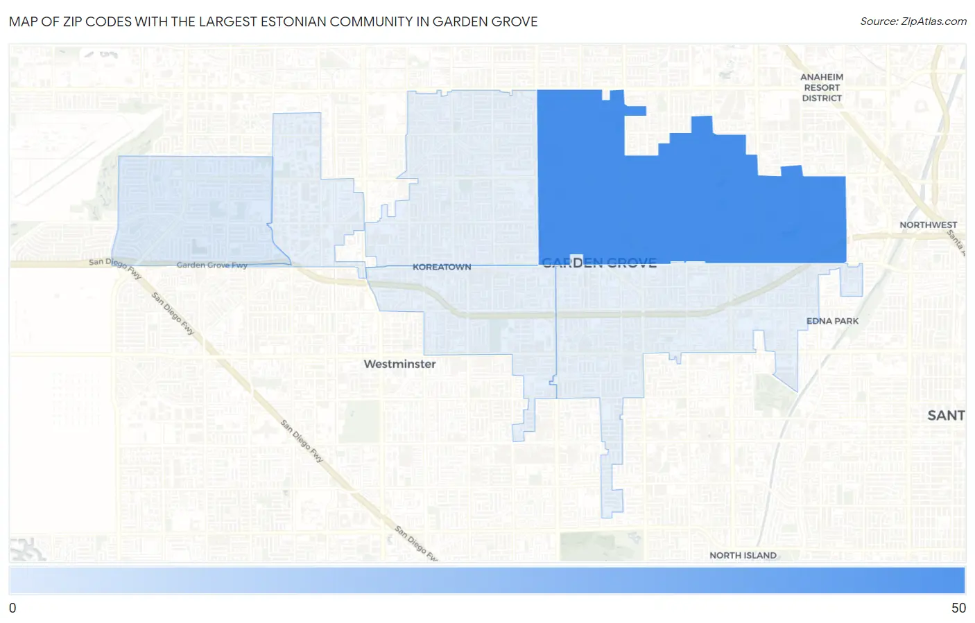 Zip Codes with the Largest Estonian Community in Garden Grove Map