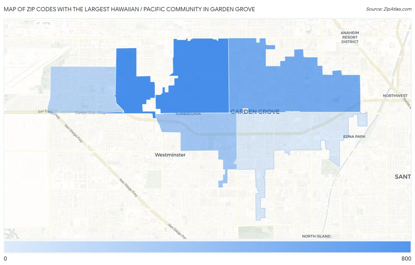Zip Codes with the Largest Hawaiian / Pacific Community in Garden Grove Map
