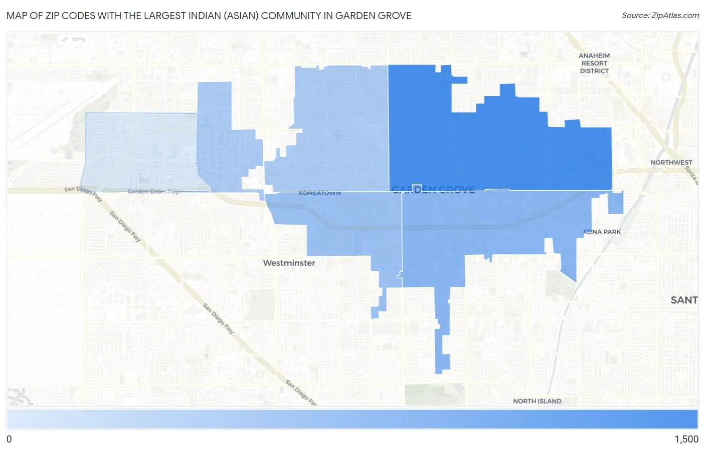 Zip Codes with the Largest Indian (Asian) Community in Garden Grove Map