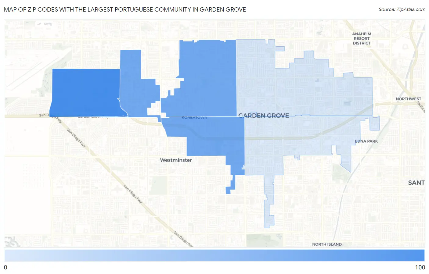 Zip Codes with the Largest Portuguese Community in Garden Grove Map