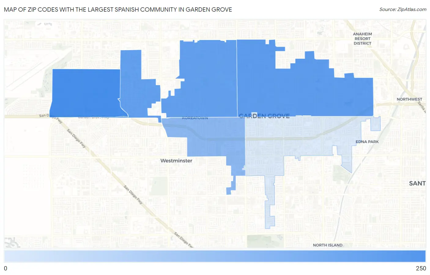 Zip Codes with the Largest Spanish Community in Garden Grove Map