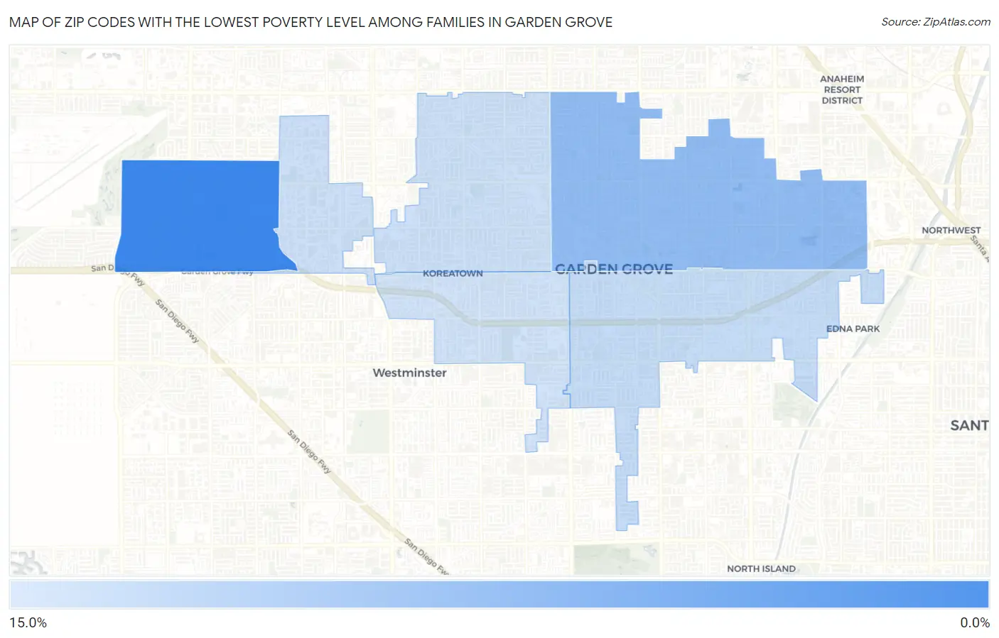 Zip Codes with the Lowest Poverty Level Among Families in Garden Grove Map