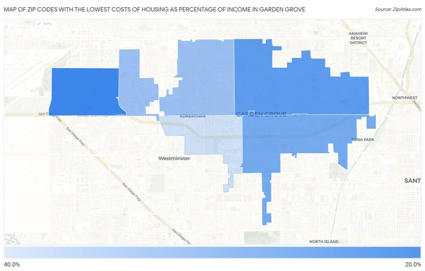 Zip Codes with the Lowest Costs of Housing as Percentage of Income in Garden Grove Map