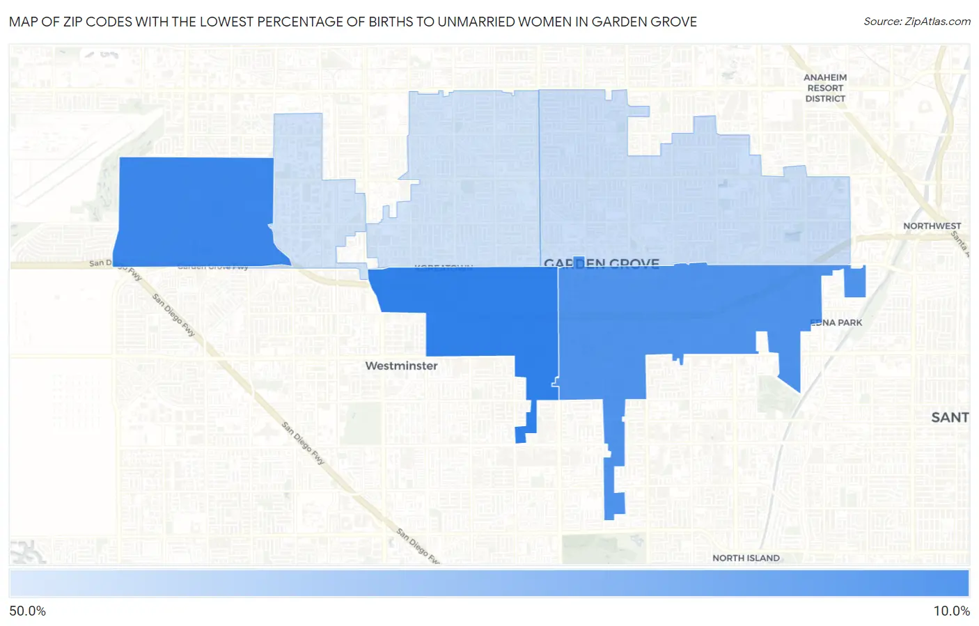 Zip Codes with the Lowest Percentage of Births to Unmarried Women in Garden Grove Map