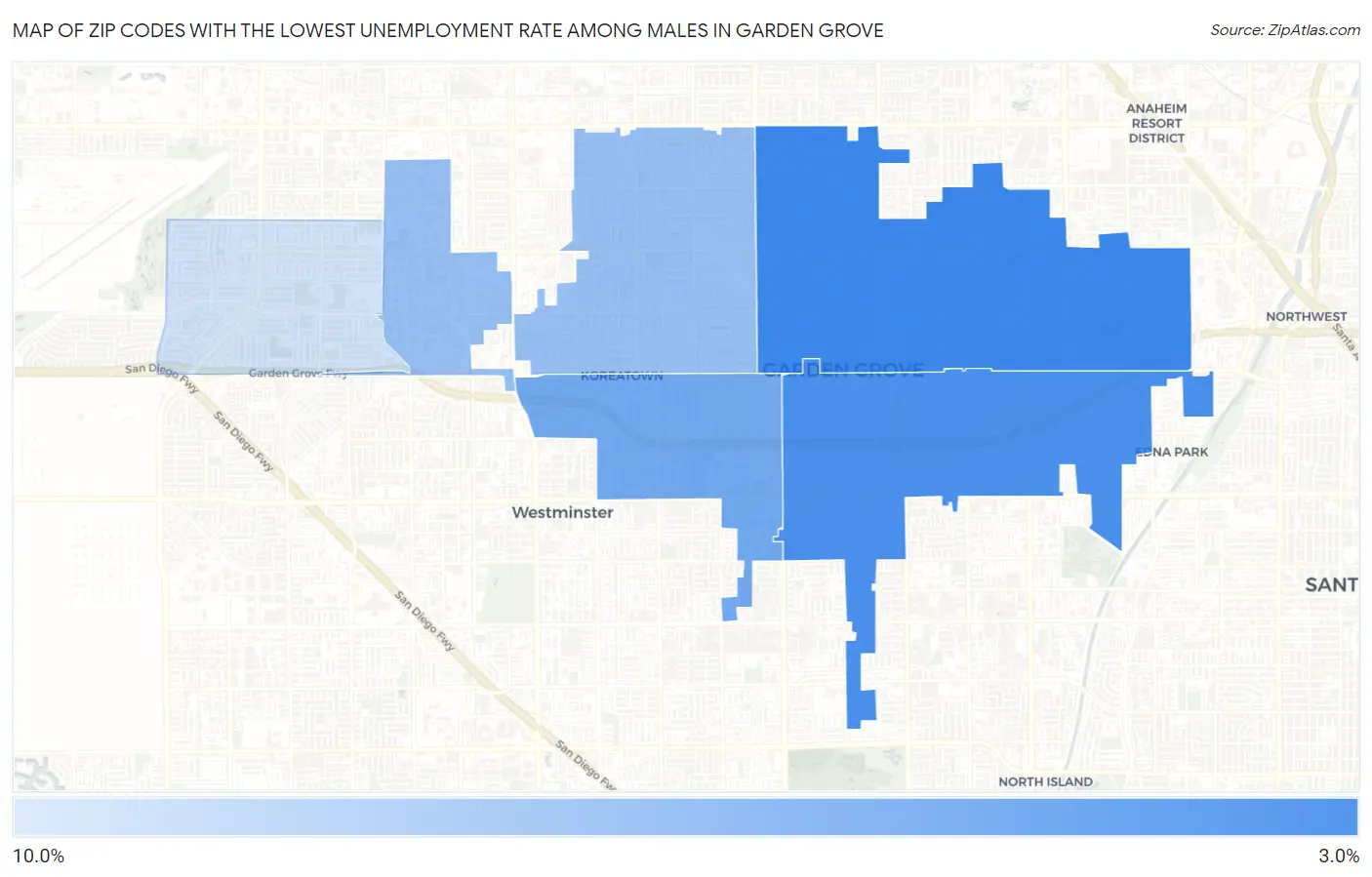 Zip Codes with the Lowest Unemployment Rate Among Males in Garden Grove Map