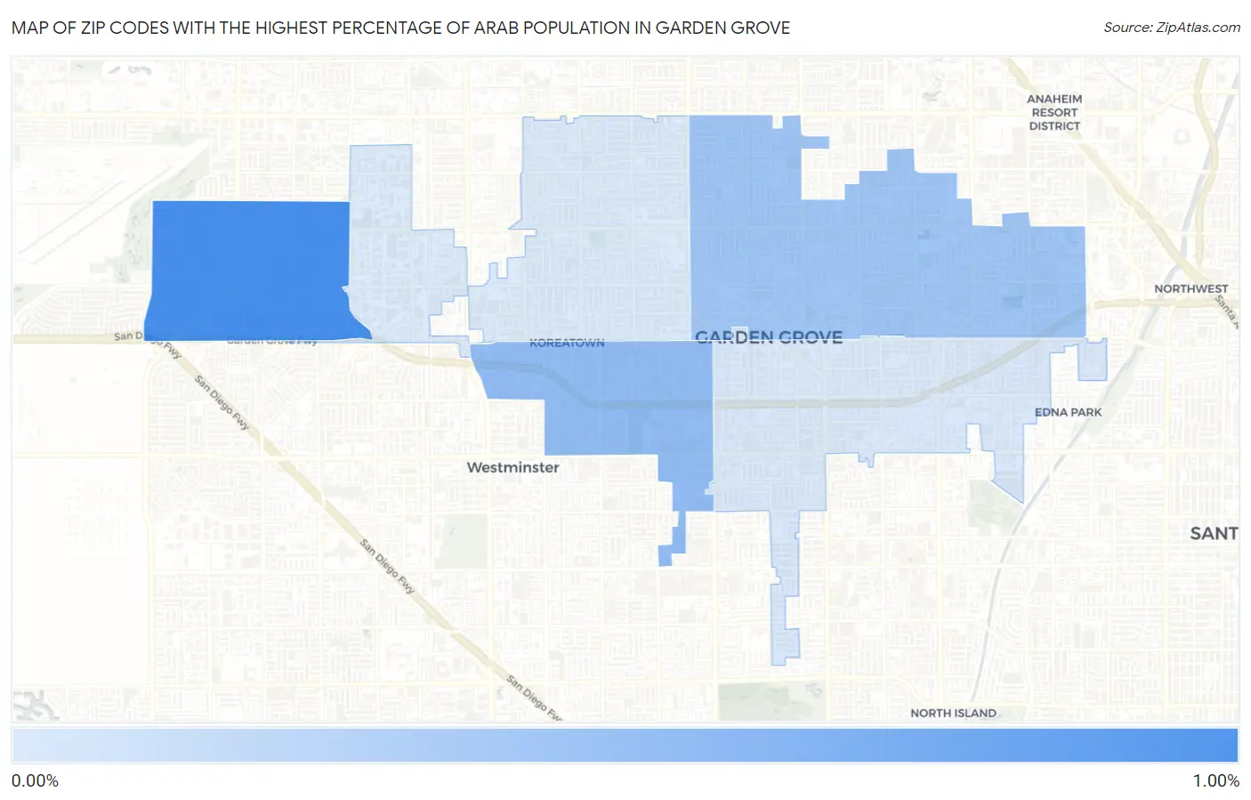 Zip Codes with the Highest Percentage of Arab Population in Garden Grove Map
