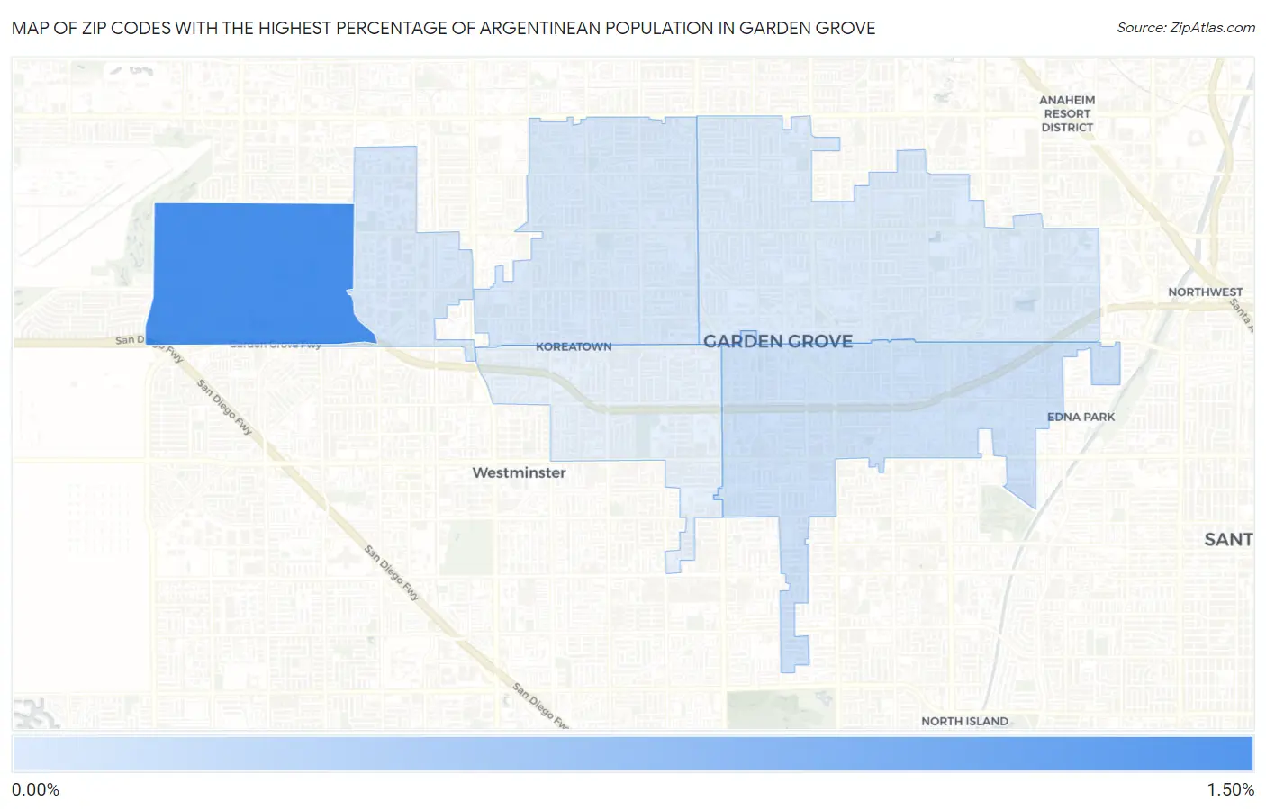 Zip Codes with the Highest Percentage of Argentinean Population in Garden Grove Map