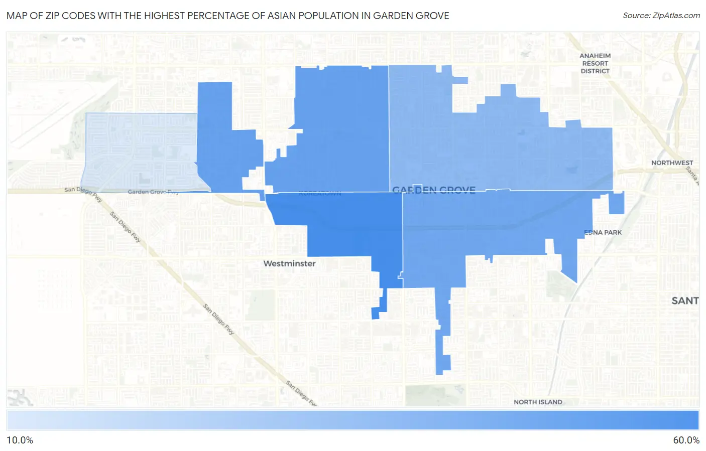 Zip Codes with the Highest Percentage of Asian Population in Garden Grove Map