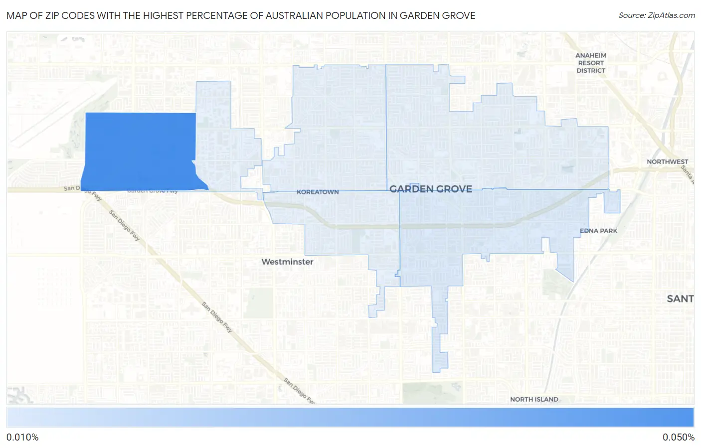 Zip Codes with the Highest Percentage of Australian Population in Garden Grove Map