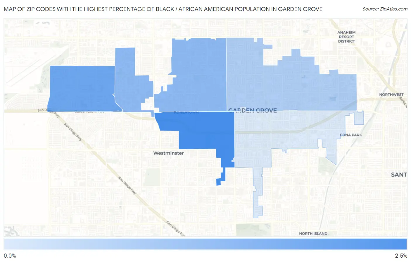 Zip Codes with the Highest Percentage of Black / African American Population in Garden Grove Map