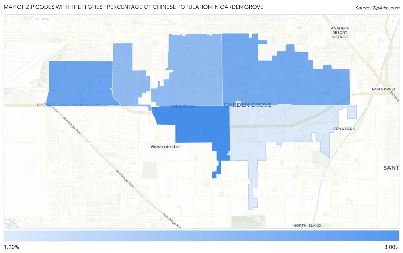 Zip Codes with the Highest Percentage of Chinese Population in Garden Grove Map