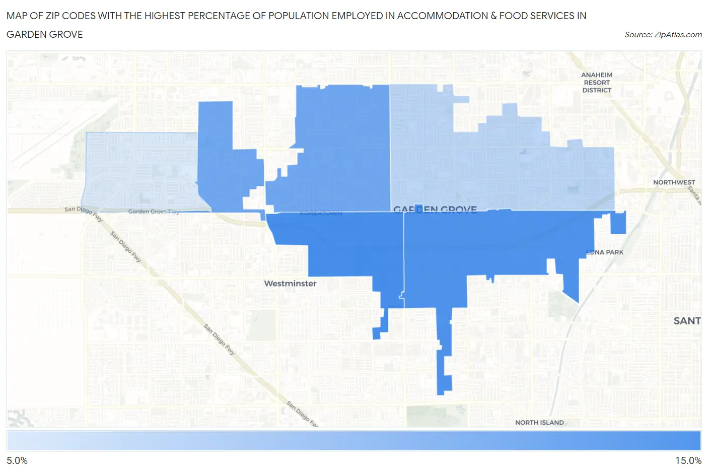 Zip Codes with the Highest Percentage of Population Employed in Accommodation & Food Services in Garden Grove Map