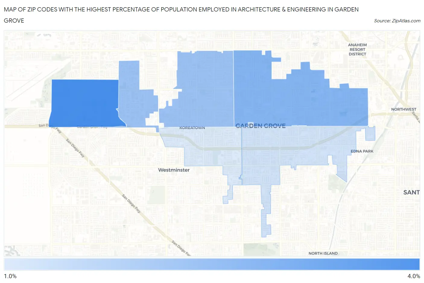 Zip Codes with the Highest Percentage of Population Employed in Architecture & Engineering in Garden Grove Map